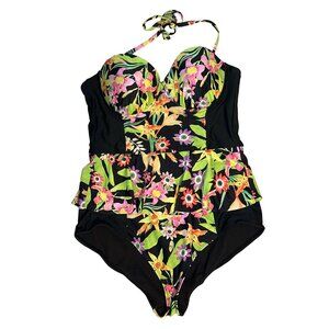 Bongo Swimsuit One Piece Tropical Neon Retro Underwire Boning Ruffle Waist Large